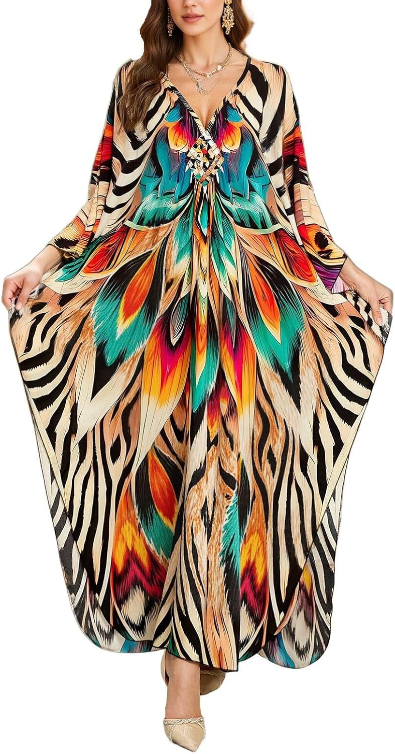 IMAGEKOPE Women's Plus Size Animal Print V-Neck Batwing Kaftan Beach Dress Bathing Suit Cover-Up Loungewear - Image 1